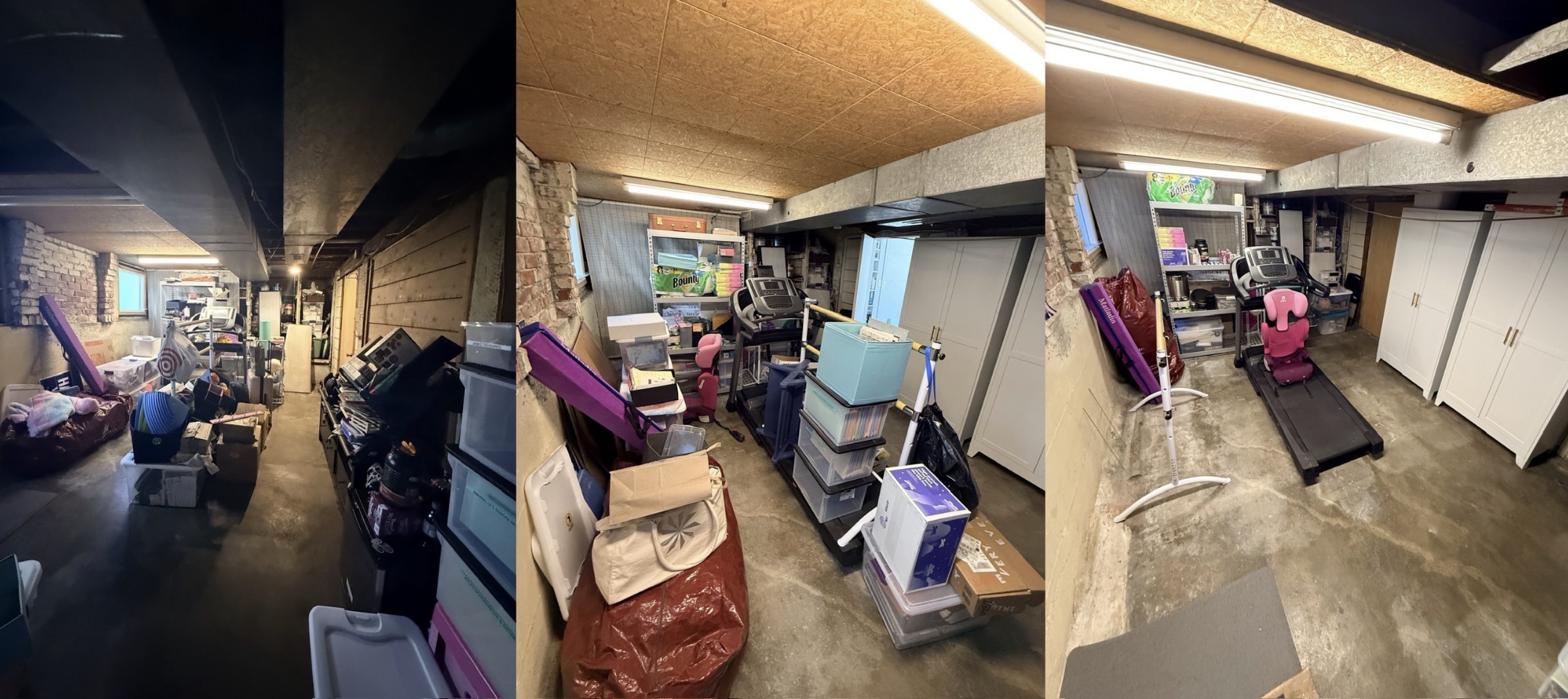 Before and after of a cluttered basement transformed into an organized home gym and storage space