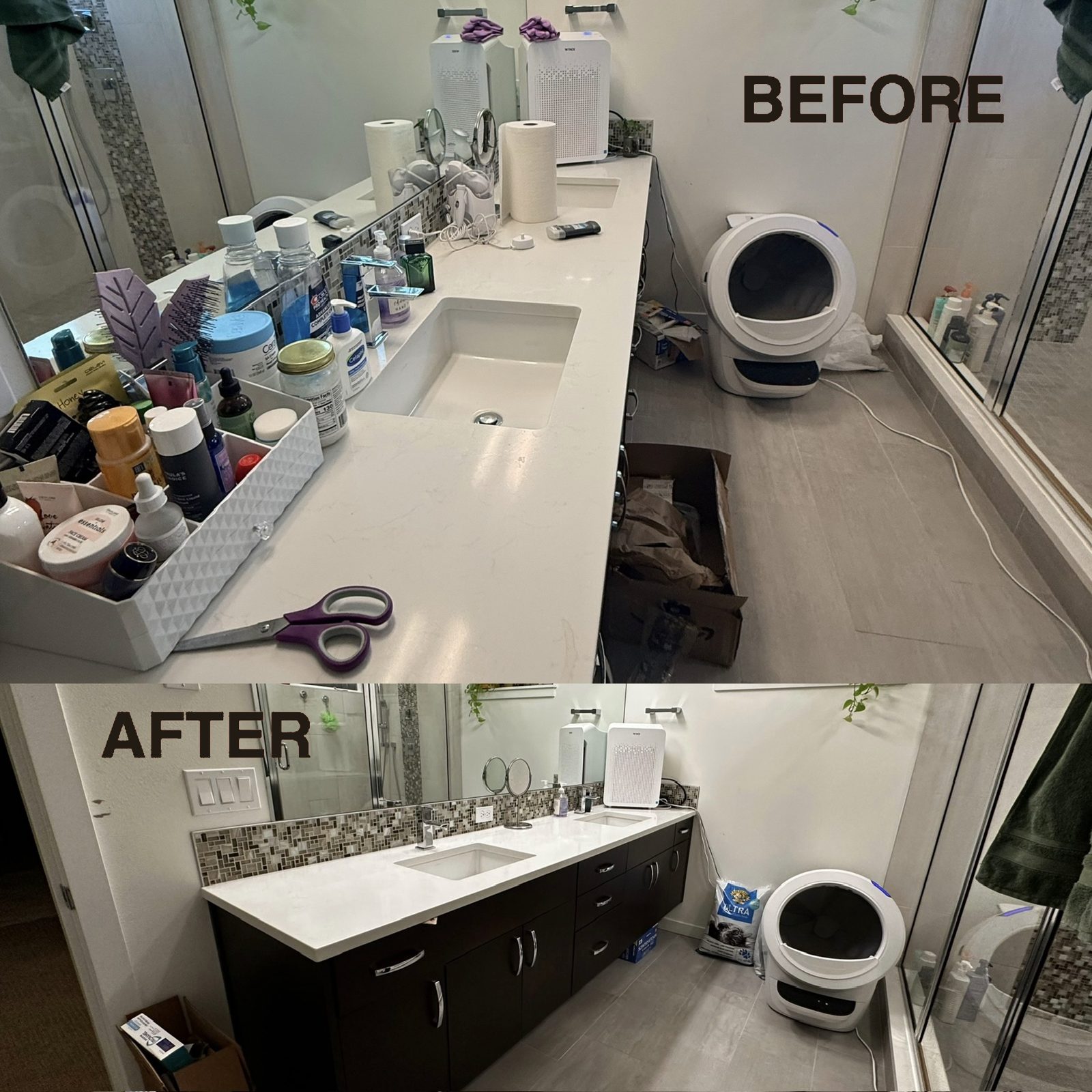 Before and after of a bathroom vanity counter cleared of clutter