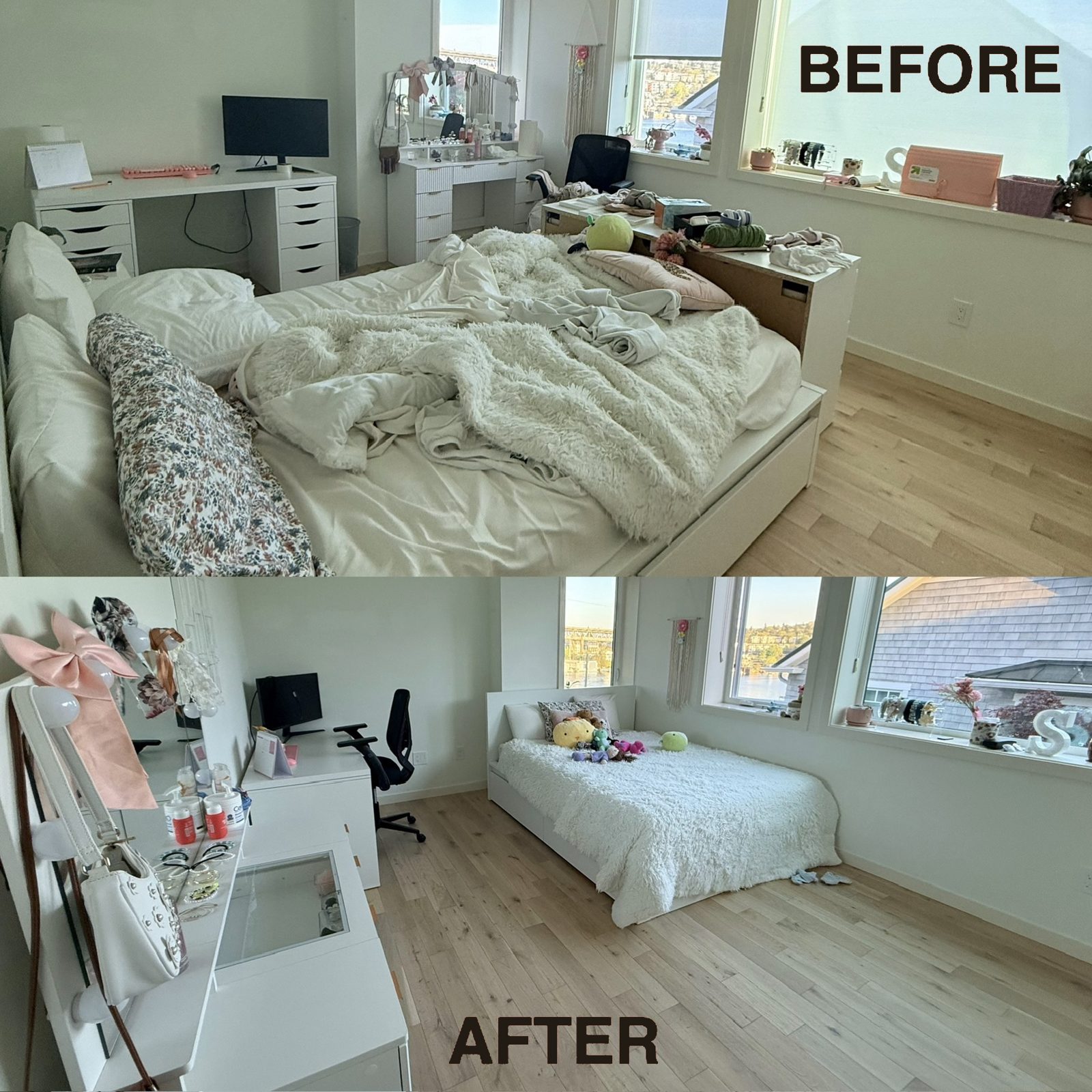 Before and after of a teen bedroom transformed from cluttered to calm and minimal