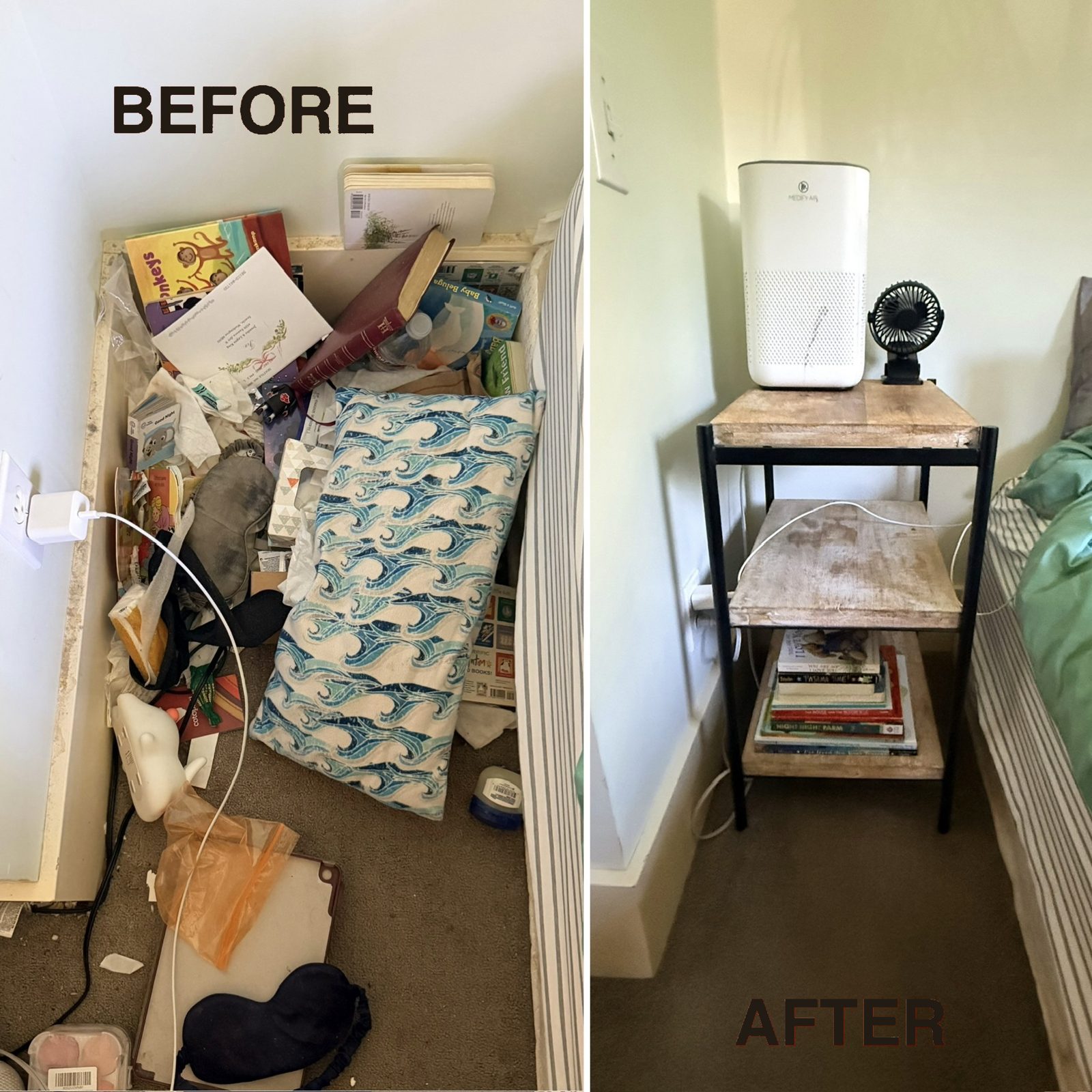 Before and after of a bedside corner transformed into a styled nightstand