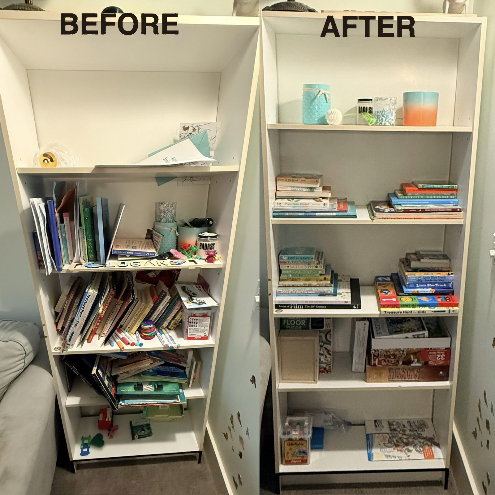 Before and after of a kids' bookshelf transformed from overflowing to curated