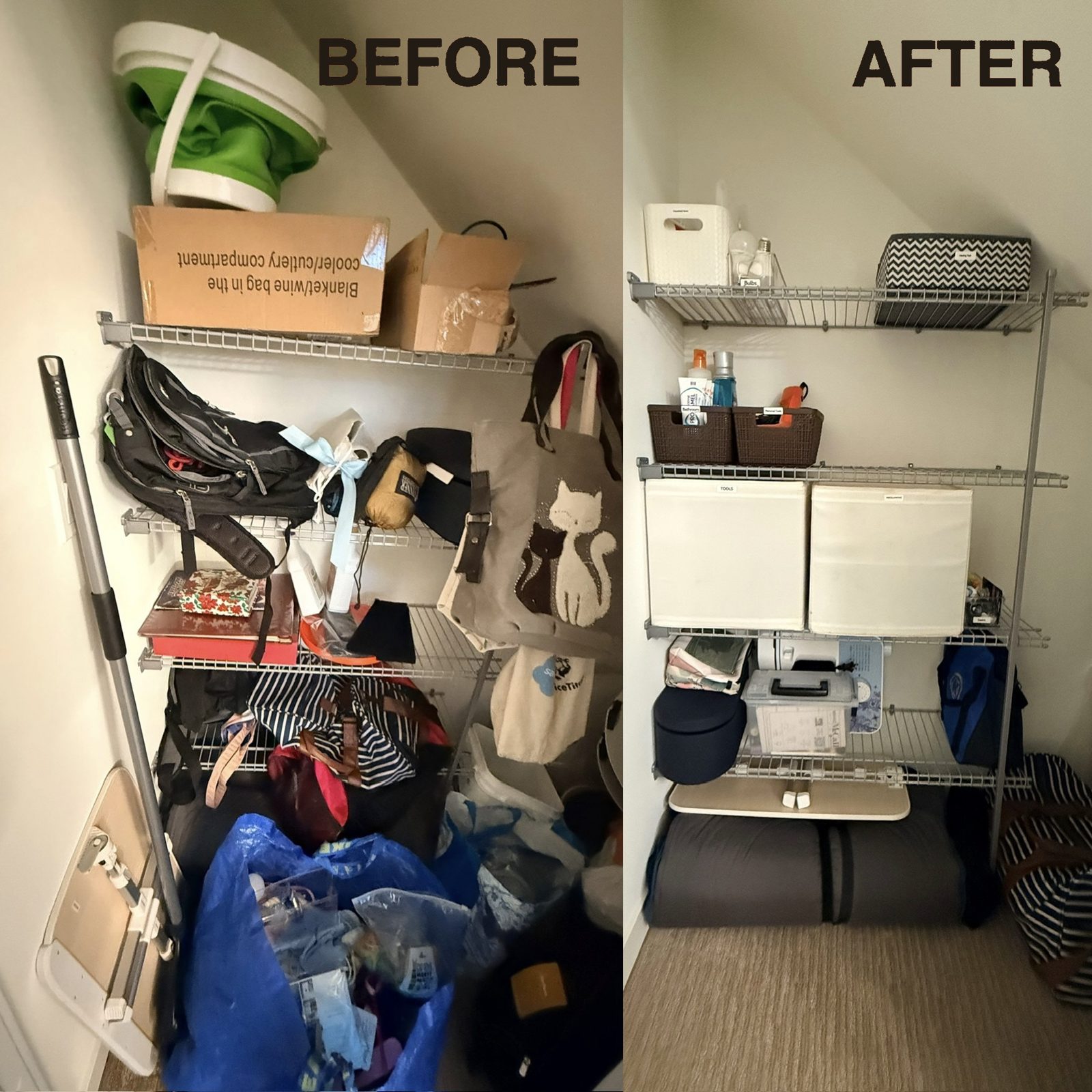 Organized entry closet with labeled bins and baskets