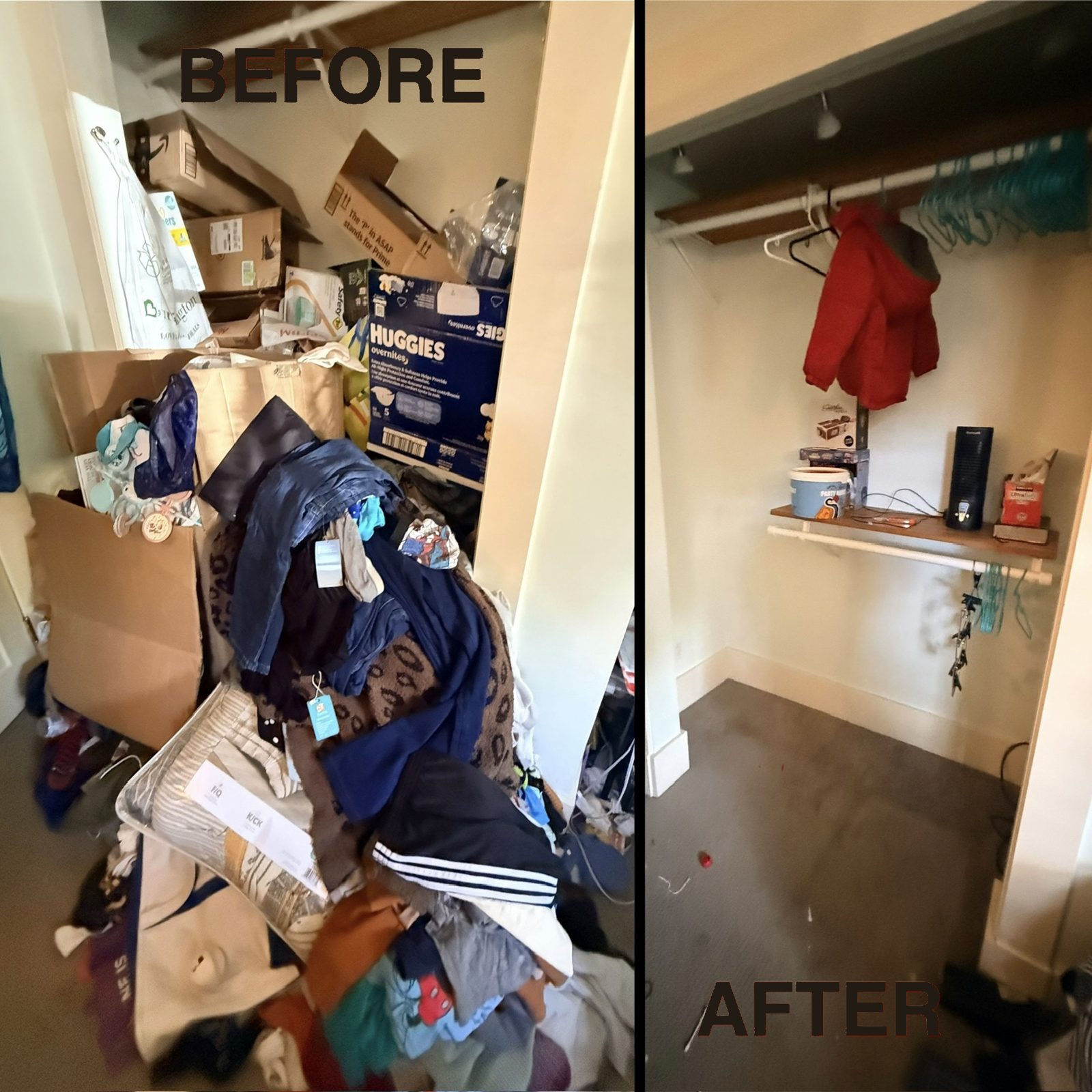 Before and after of a closet buried in boxes, transformed into a clean hanging space