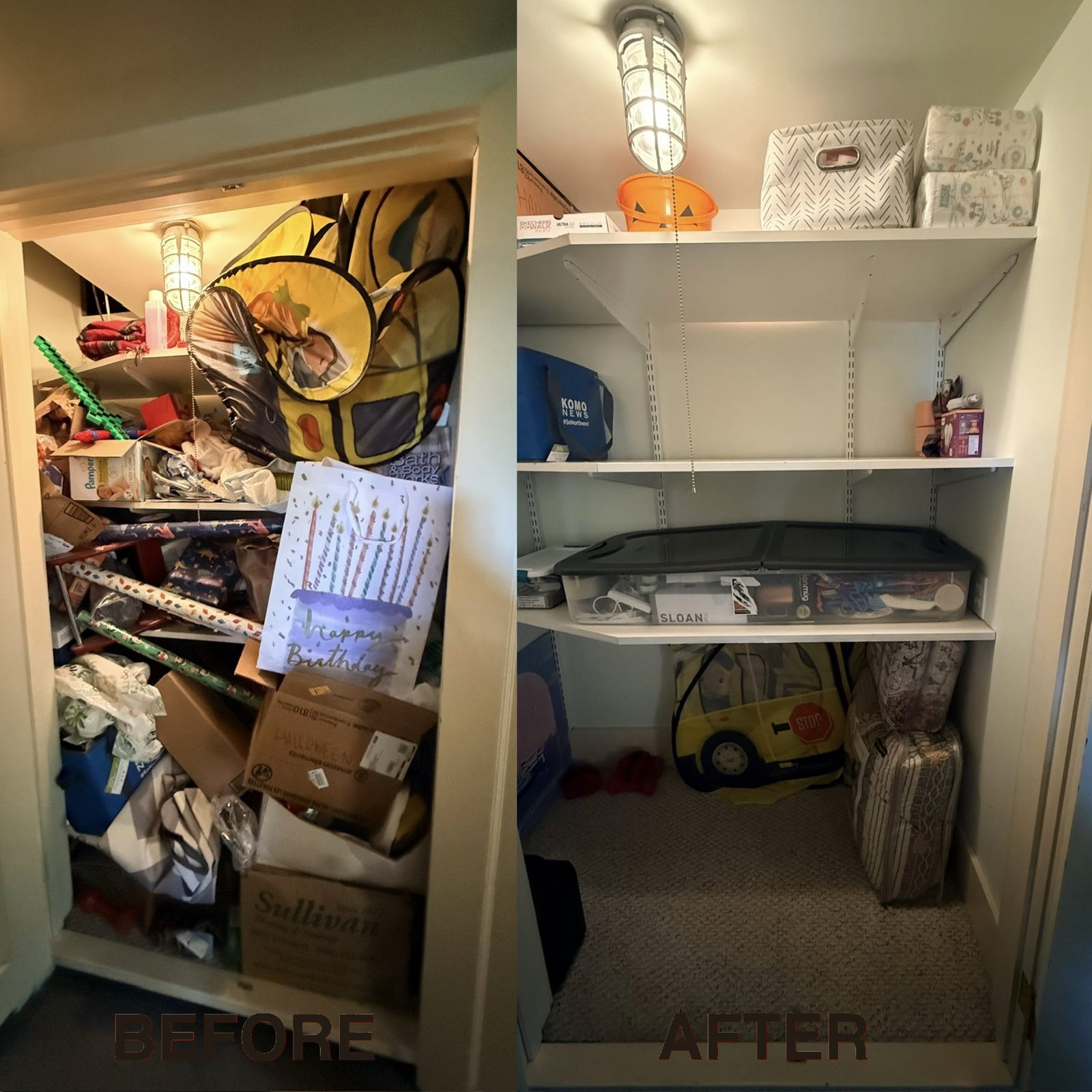 Before and after of a gift-wrap and storage closet, fully decluttered