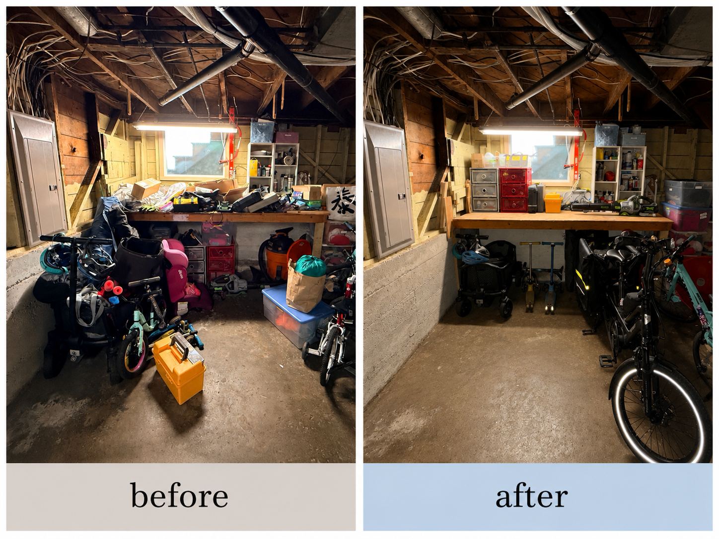 Before and after of a garage corner cleared of bikes and gear into an organized workbench area