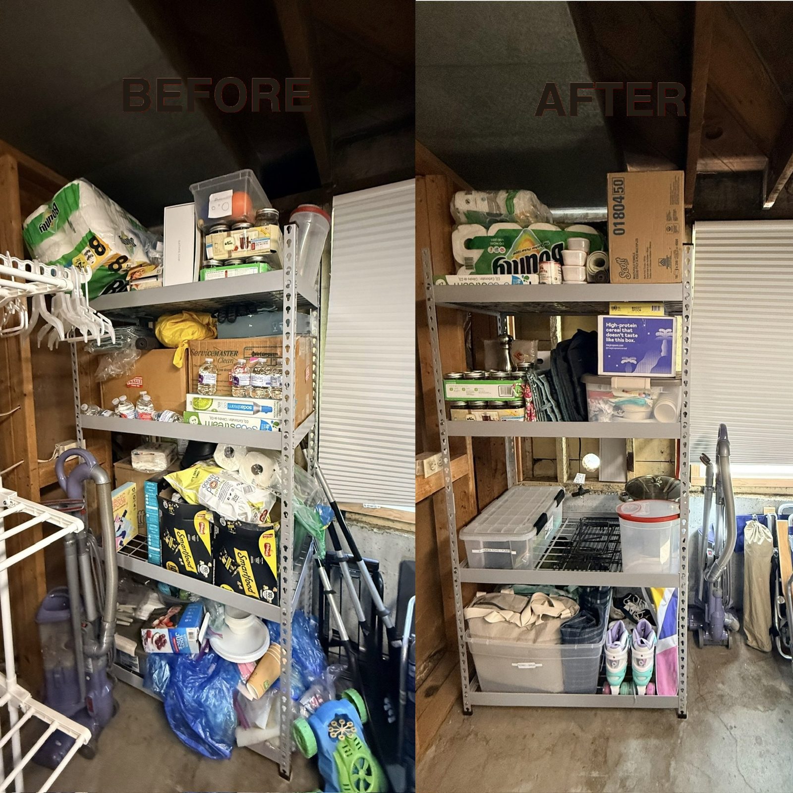 Before and after of a garage shelving unit reorganized by category