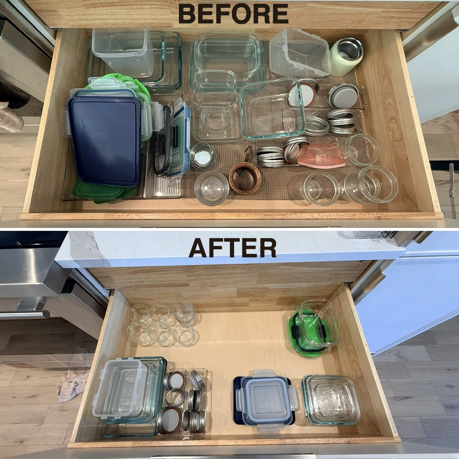 Before and after of a kitchen storage drawer transformed with dividers and clear containers