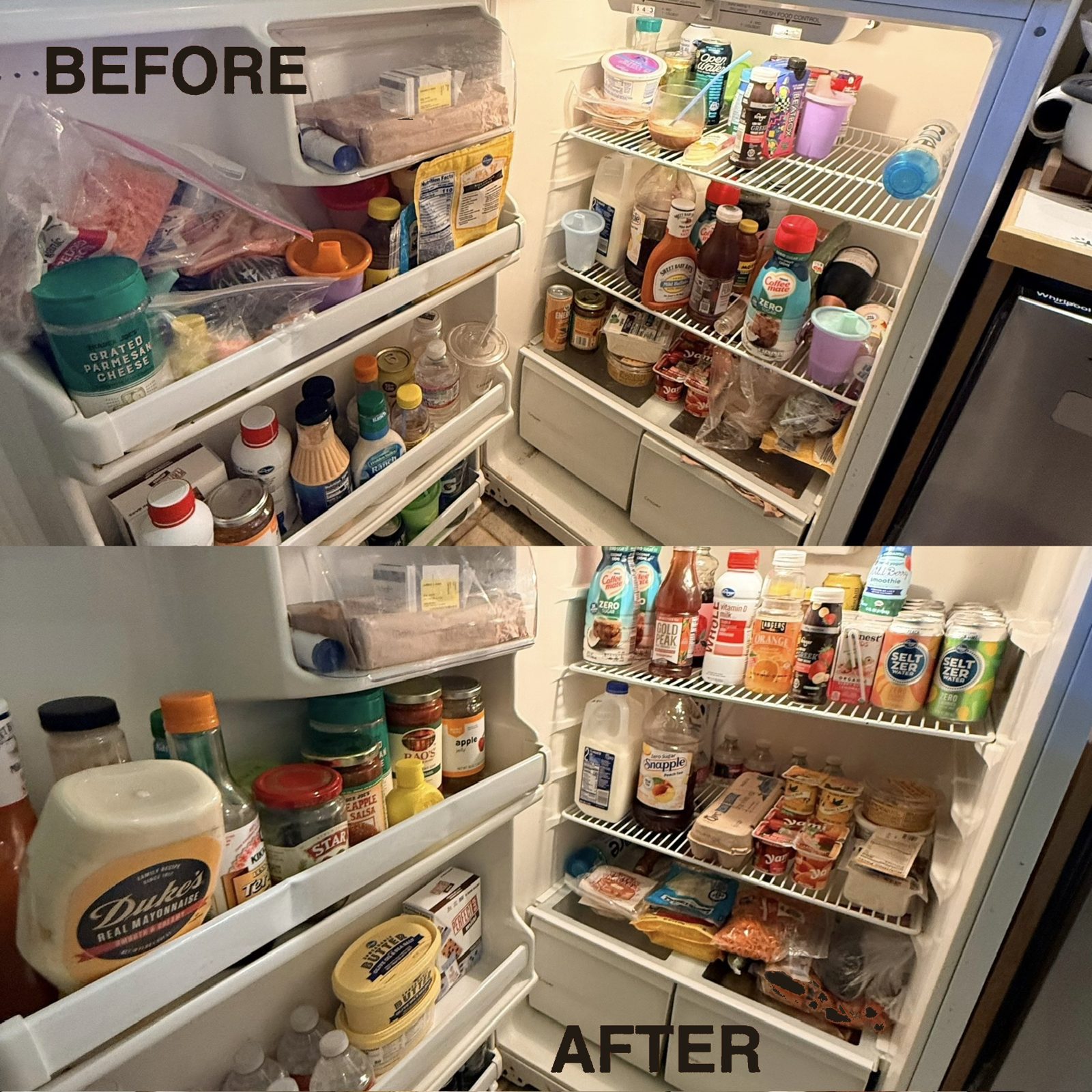 Before and after of a cluttered refrigerator transformed into a clean, organized fridge