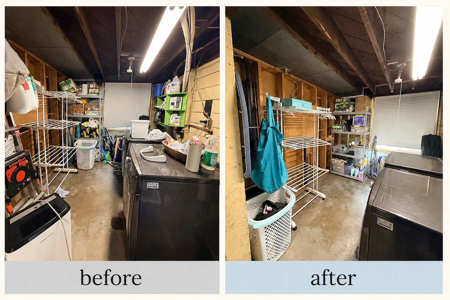 Before and after of a laundry and utility room, decluttered around the washer and dryer
