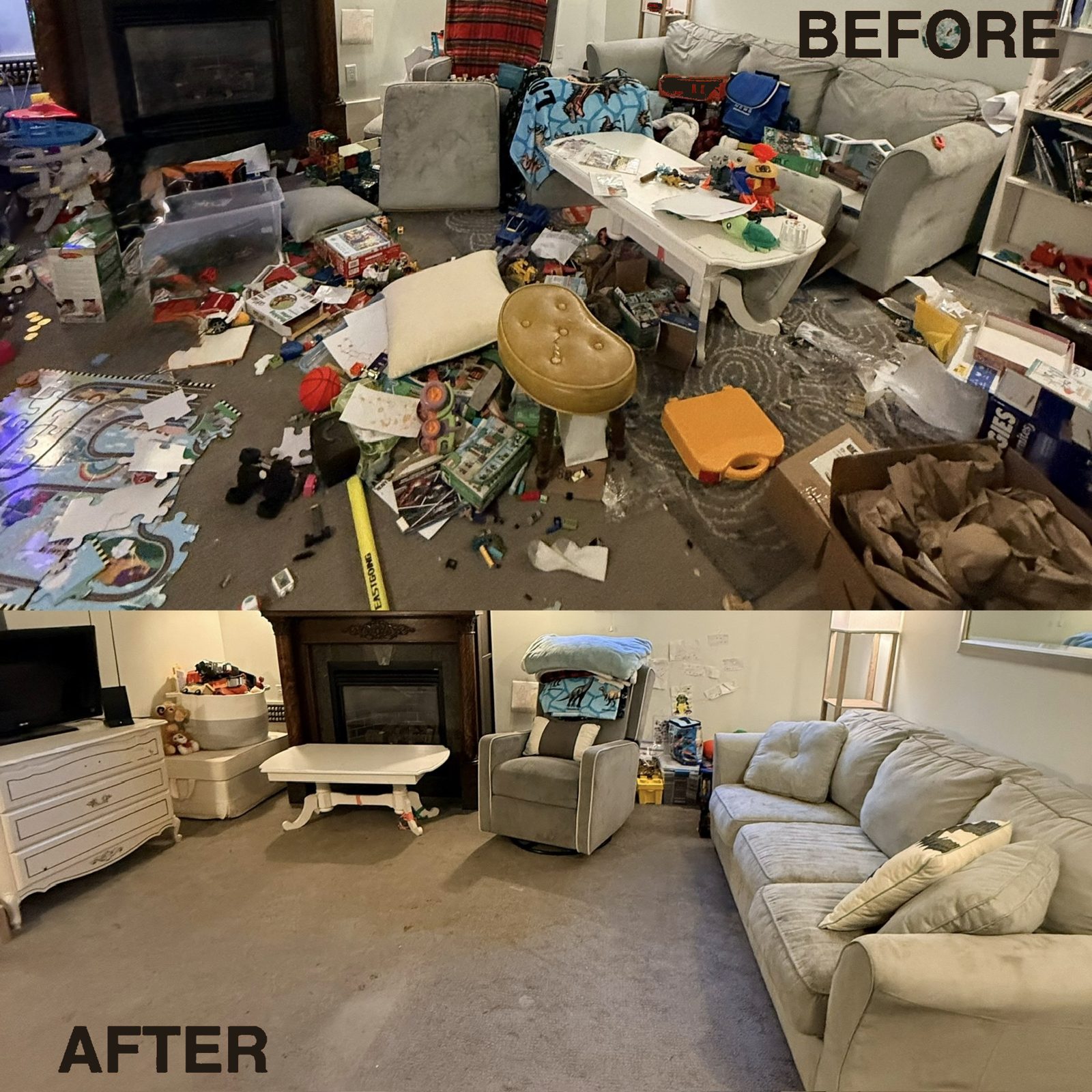 Before and after of a family living room transformed from toy-covered chaos to a calm, organized shared space