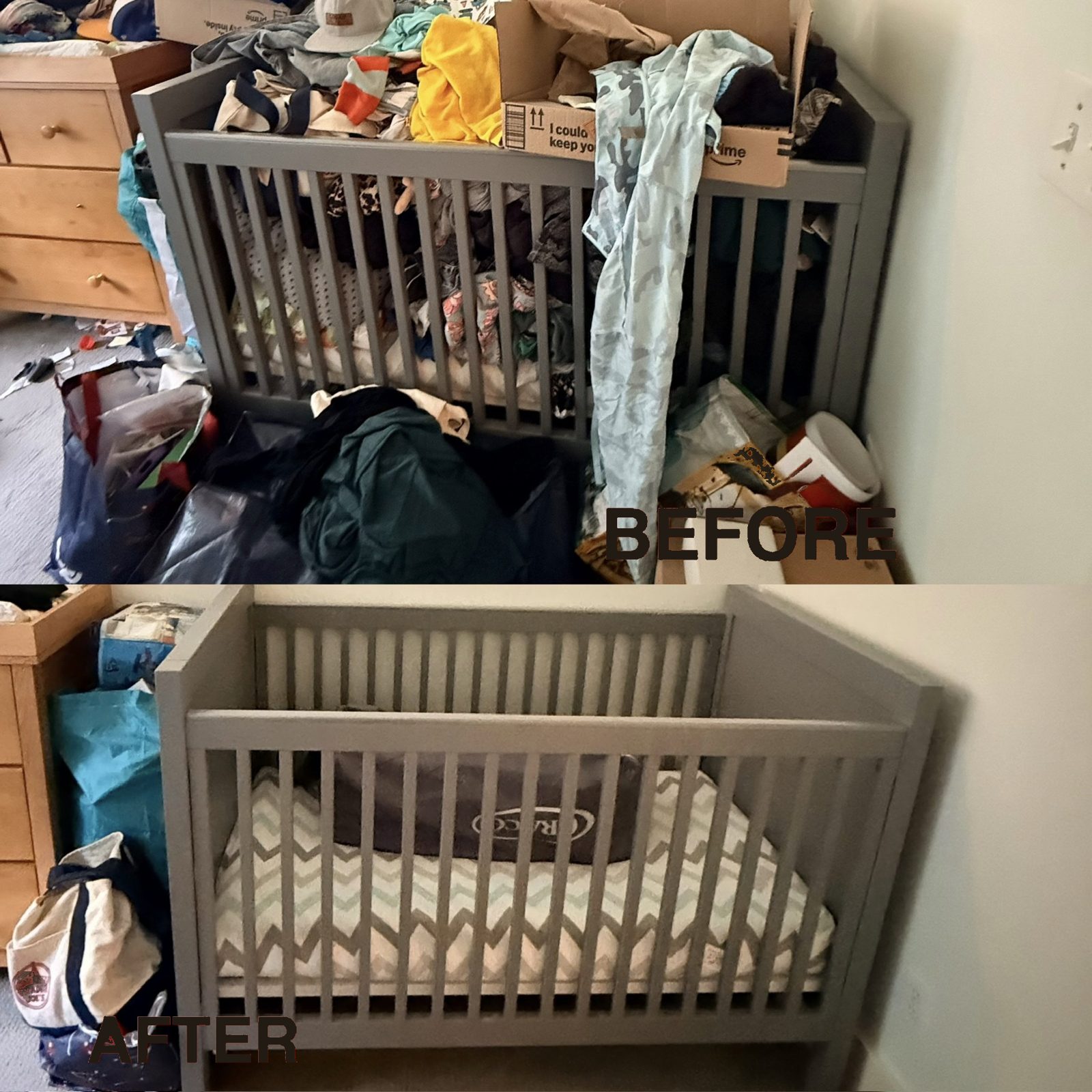 Before and after of a crib buried in laundry, now clear and ready for baby
