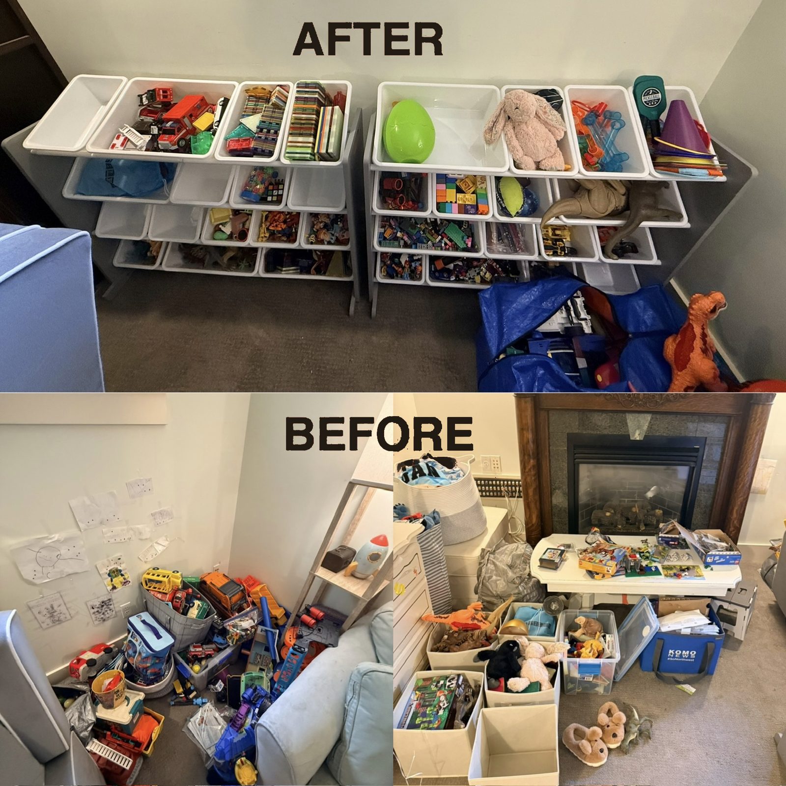 Before and after of a chaotic playroom transformed into bin-organized toy storage