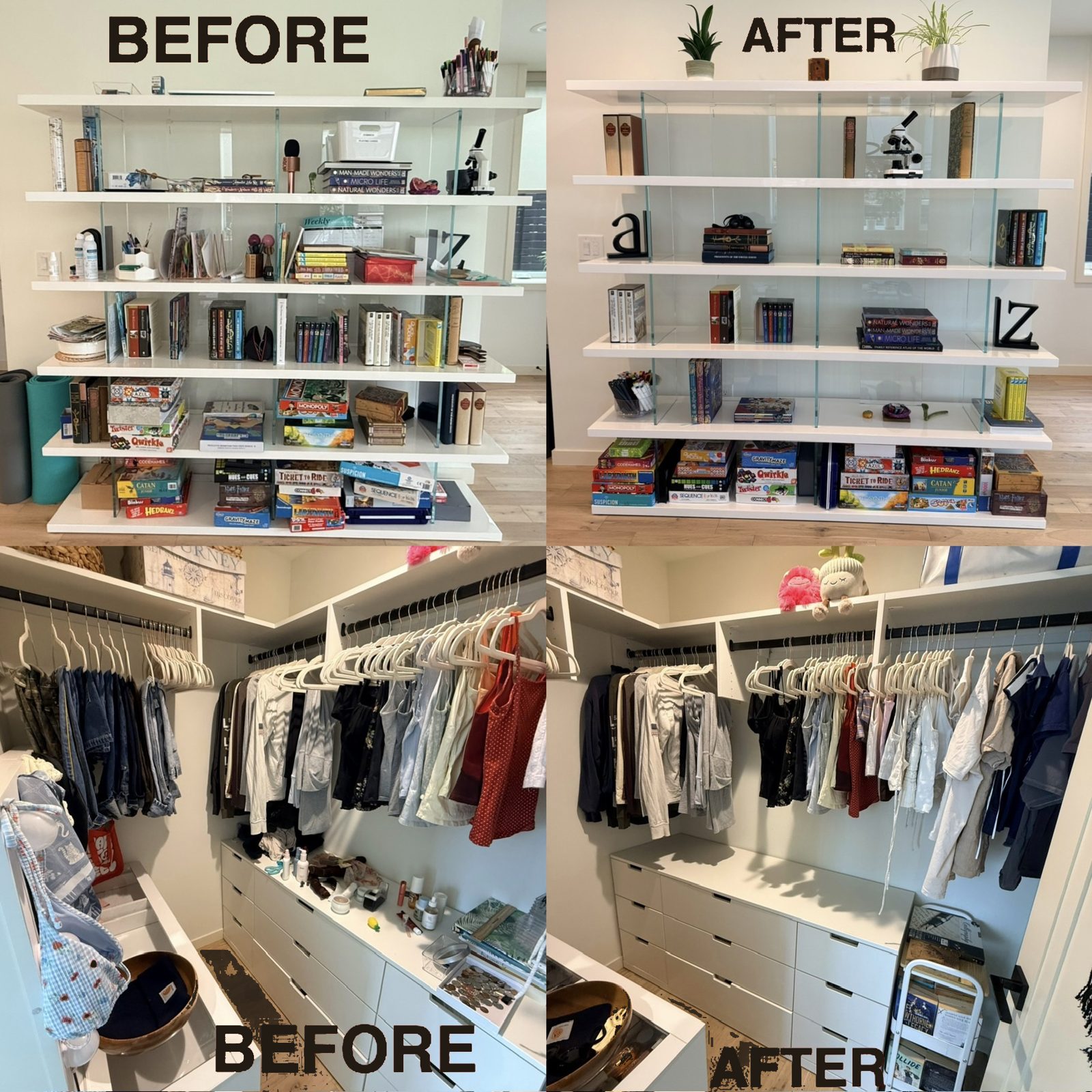 Before and after of an open shelving unit and closet, fully styled and decluttered